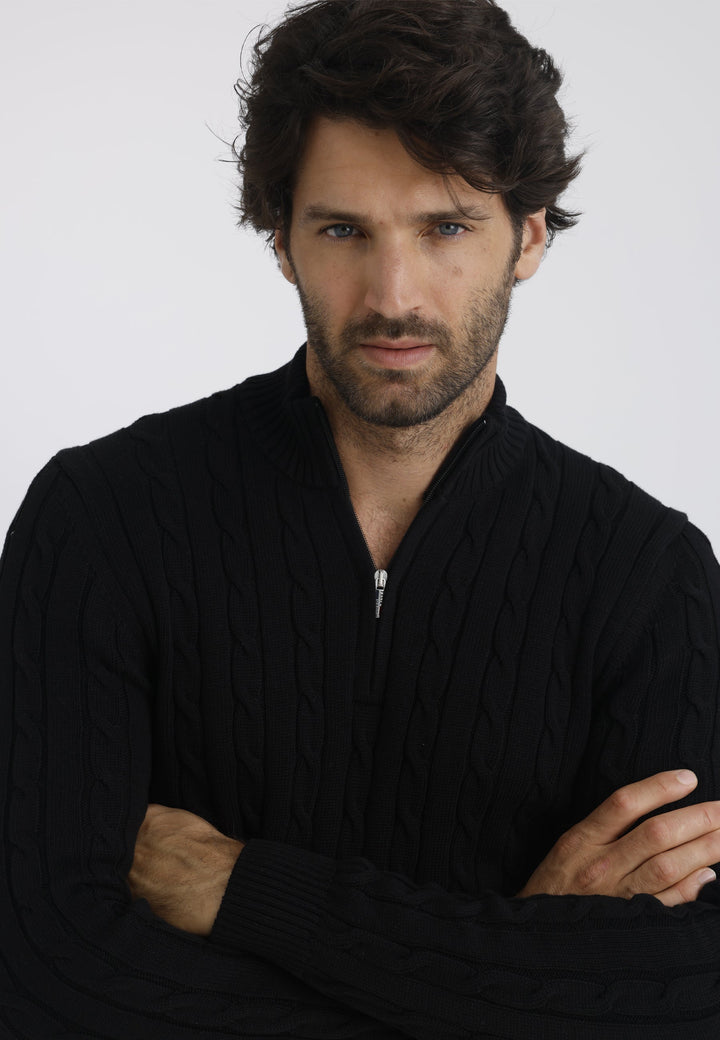 Felix Hardy Pull en tricot à demi-zip avec tresses pour homme - Noir