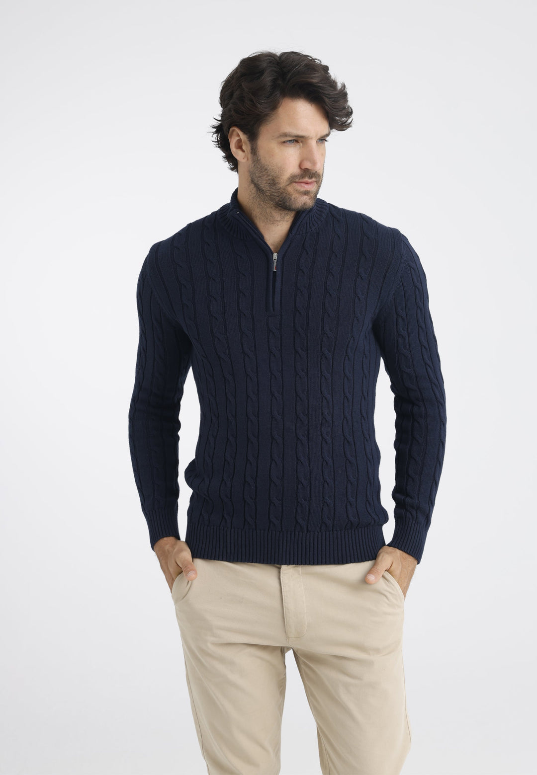Felix Hardy Pull en tricot à demi-zip avec tresses pour homme - Bleu marine