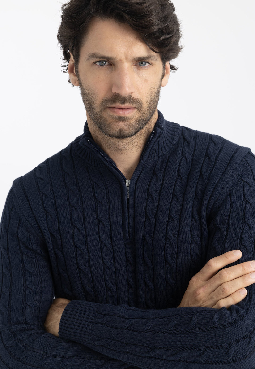 Felix Hardy Pull en tricot à demi-zip avec tresses pour homme - Bleu marine