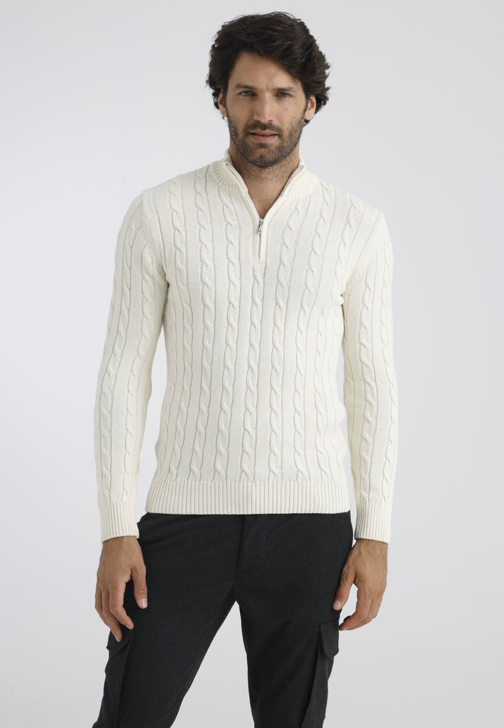 Felix Hardy Pull en tricot à demi-zip avec tresses pour homme - Écru