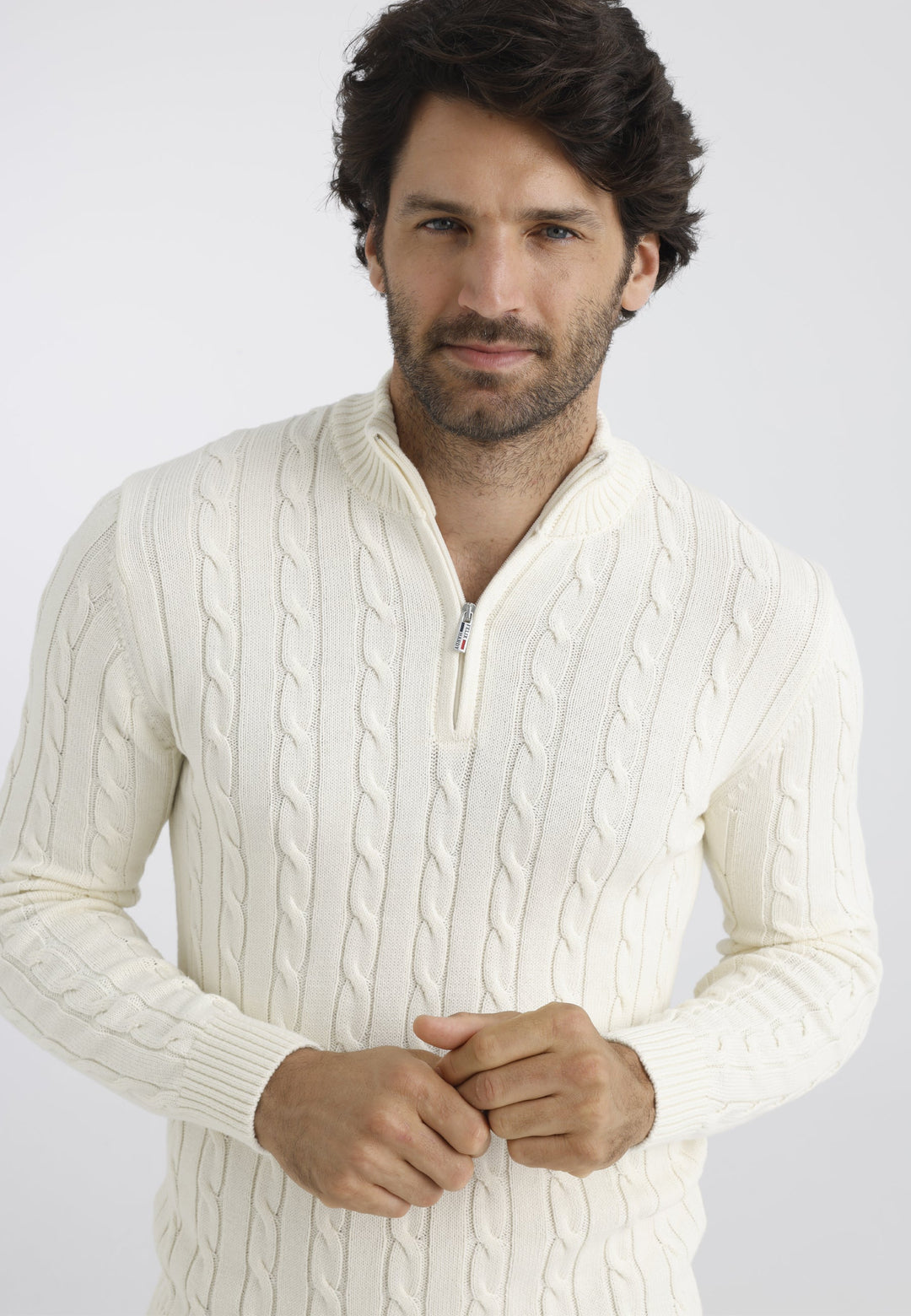 Felix Hardy Pull en tricot à demi-zip avec tresses pour homme - Écru