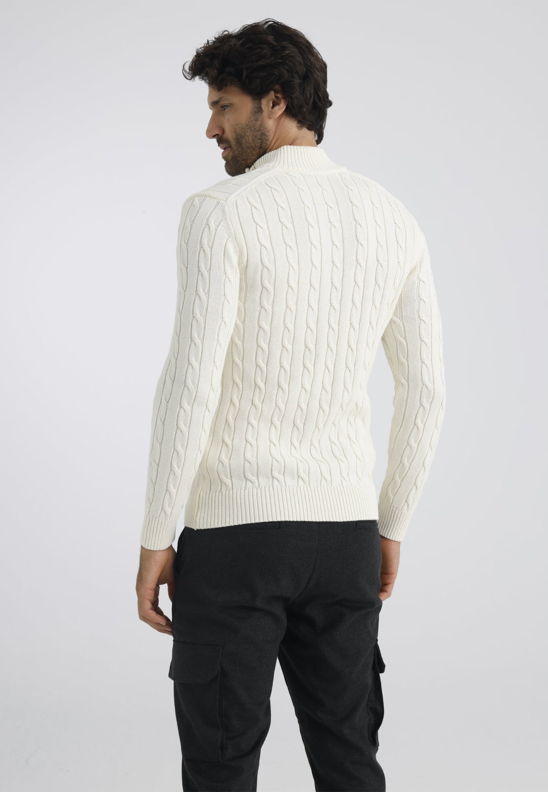 Felix Hardy Pull en tricot à demi-zip avec tresses pour homme - Écru