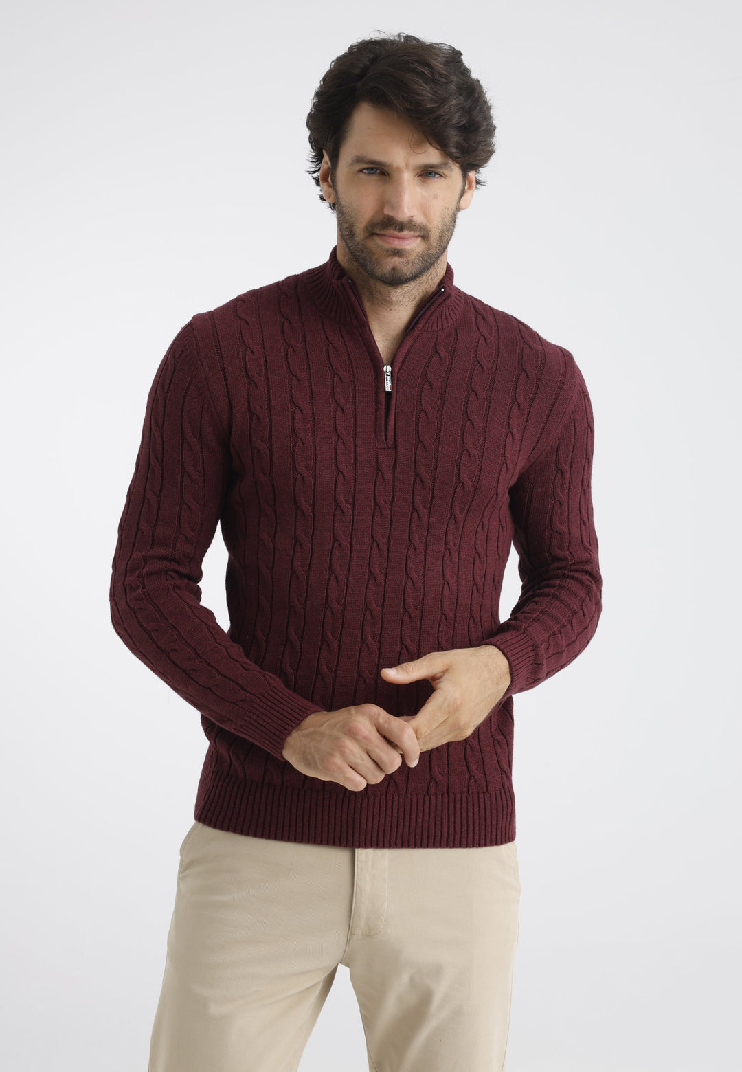 Felix Hardy Pull en tricot à demi-zip avec tresses pour homme - Bordeaux