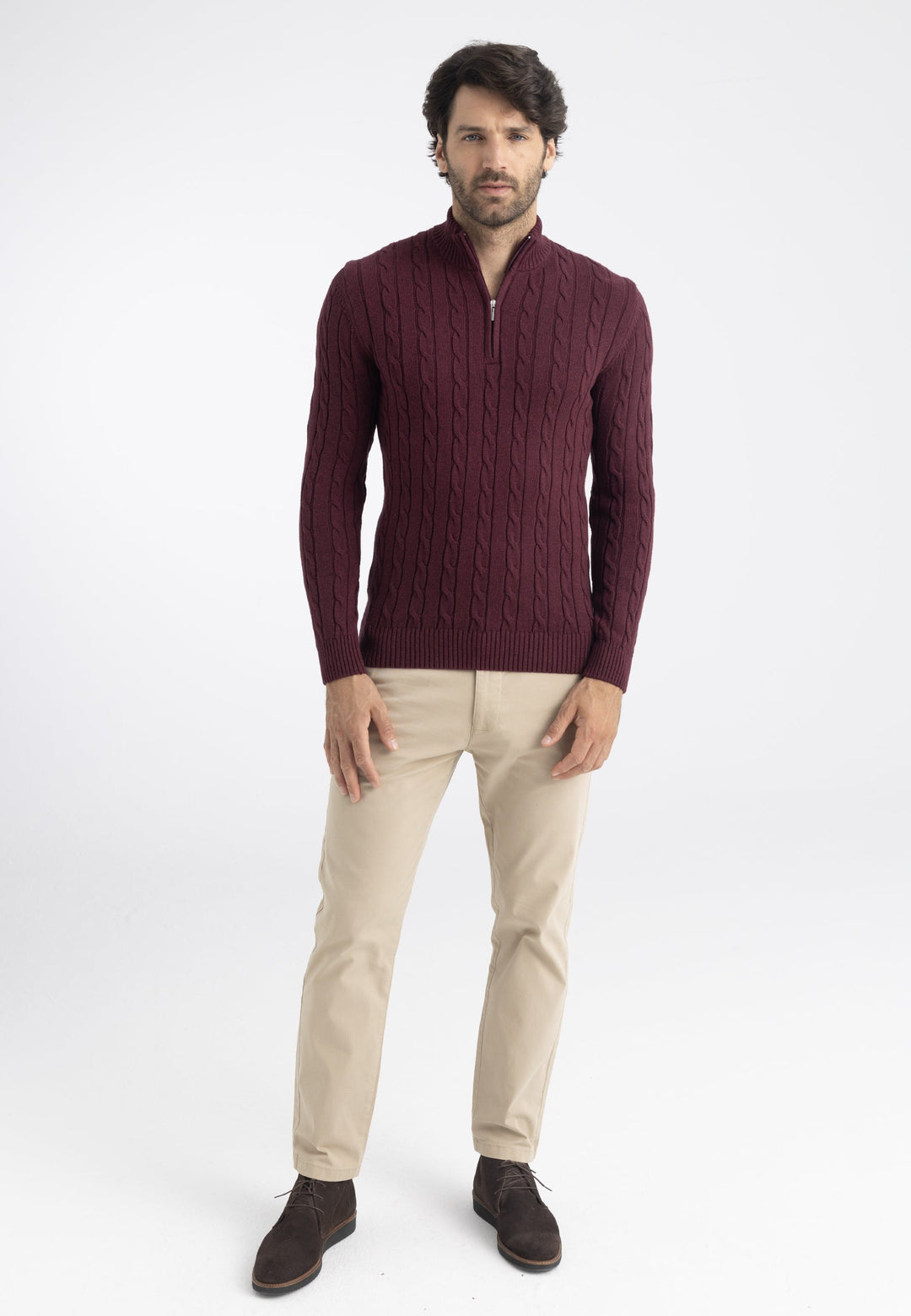 Felix Hardy Pull en tricot à demi-zip avec tresses pour homme - Bordeaux