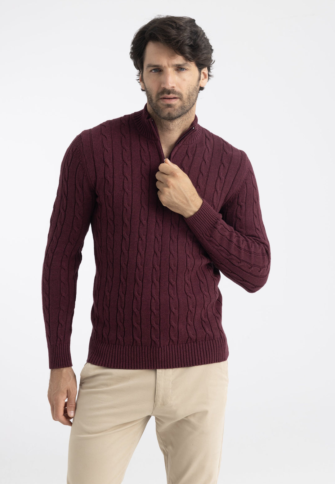 Felix Hardy Pull en tricot à demi-zip avec tresses pour homme - Bordeaux