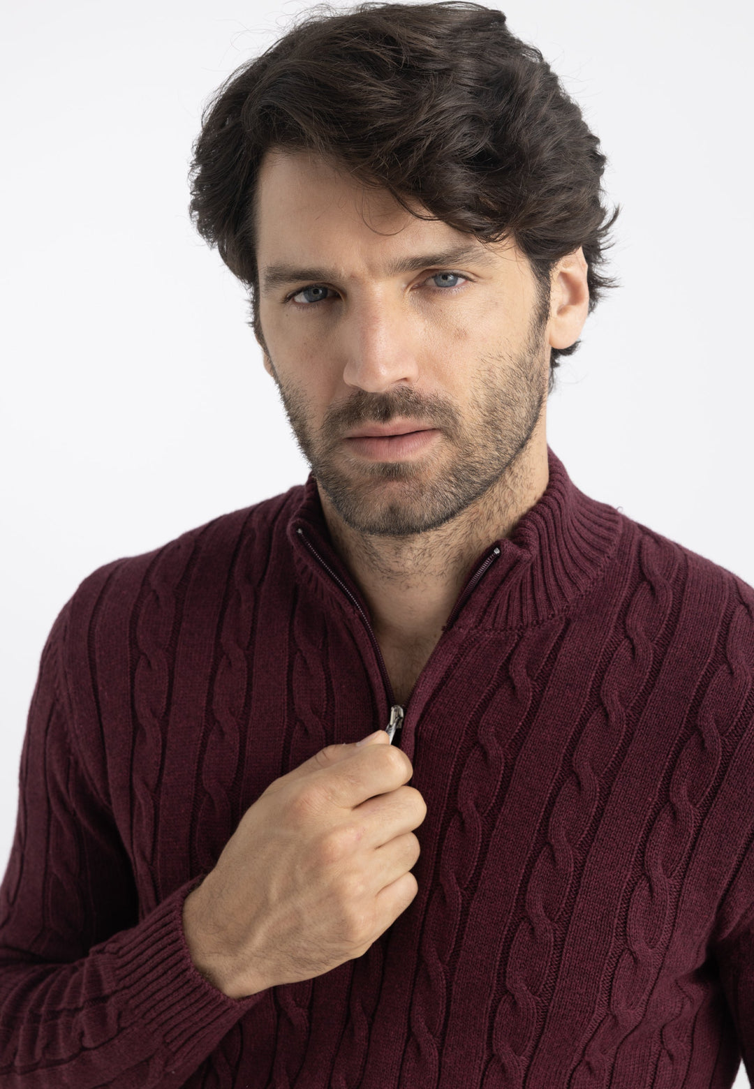 Felix Hardy Pull en tricot à demi-zip avec tresses pour homme - Bordeaux