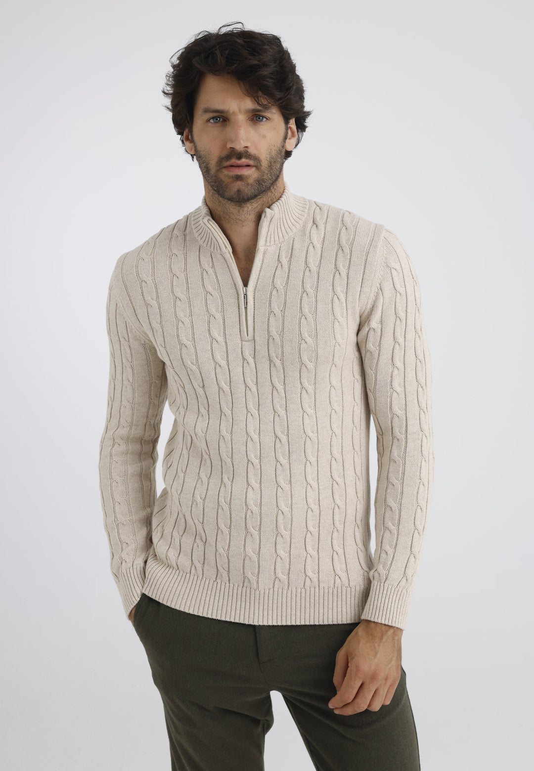 Felix Hardy Pull en tricot à demi-zip avec tresses pour homme - Beige