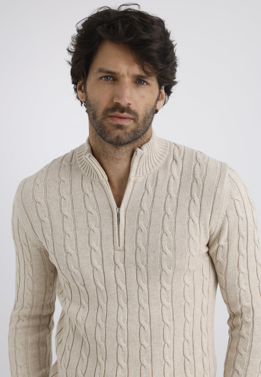 Felix Hardy Pull en tricot à demi-zip avec tresses pour homme - Beige
