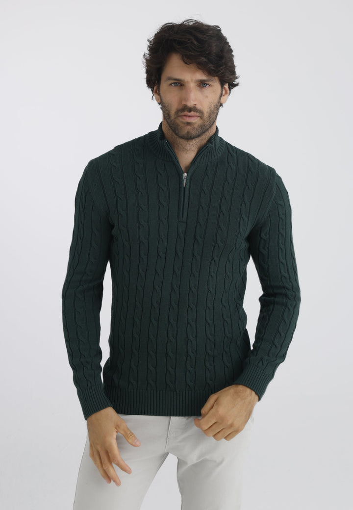 Felix Hardy Pull en tricot à demi-zip avec tresses pour homme - Vert foncé
