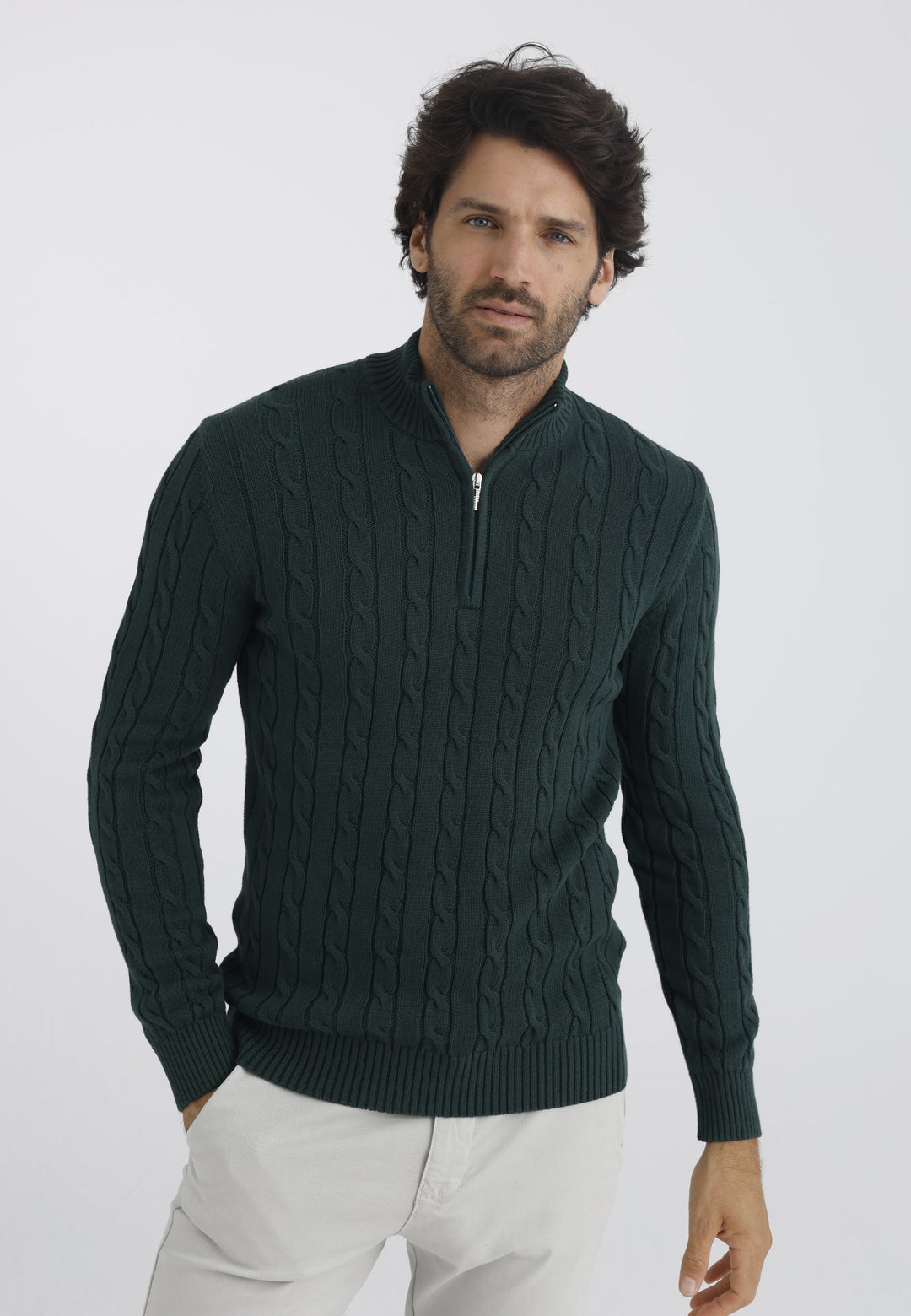 Felix Hardy Pull en tricot à demi-zip avec tresses pour homme - Vert foncé