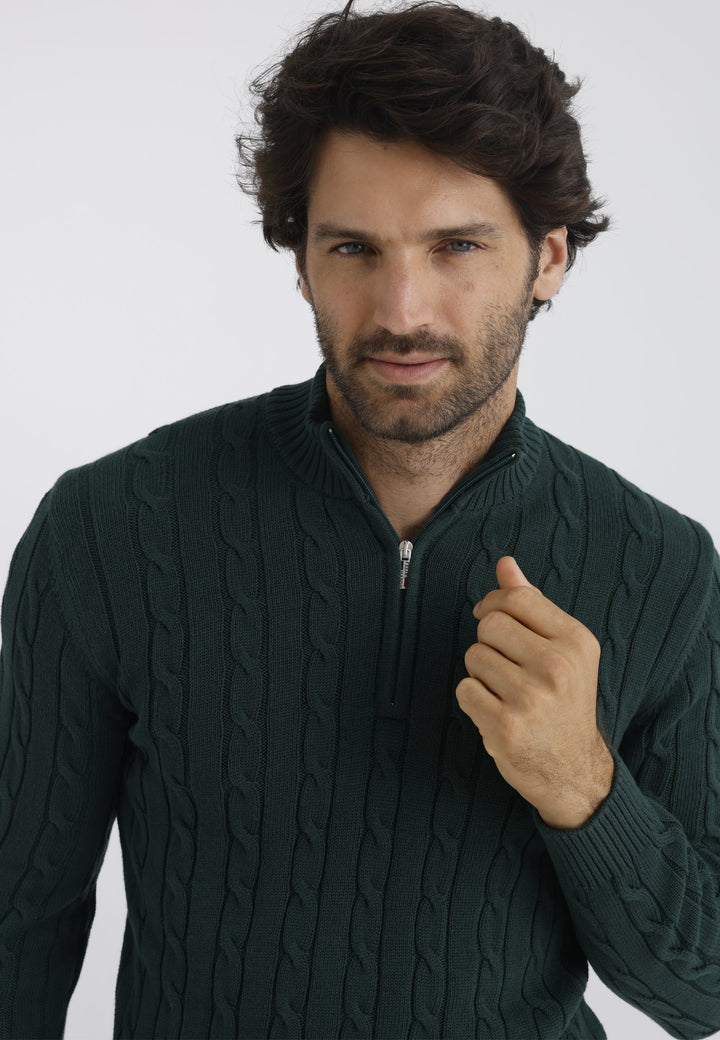 Felix Hardy Pull en tricot à demi-zip avec tresses pour homme - Vert foncé