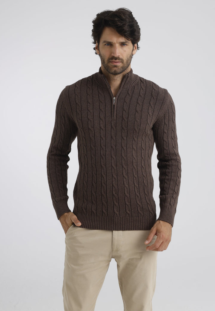 Felix Hardy Pull en tricot à demi-zip avec tresses pour homme - Marron