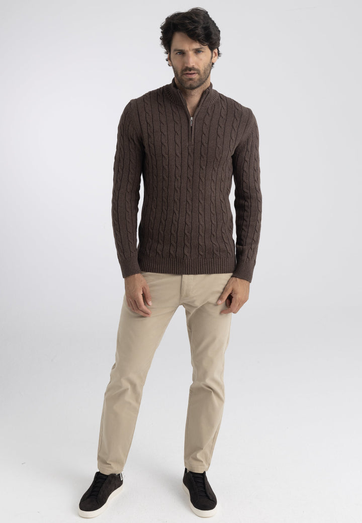 Felix Hardy Pull en tricot à demi-zip avec tresses pour homme - Marron