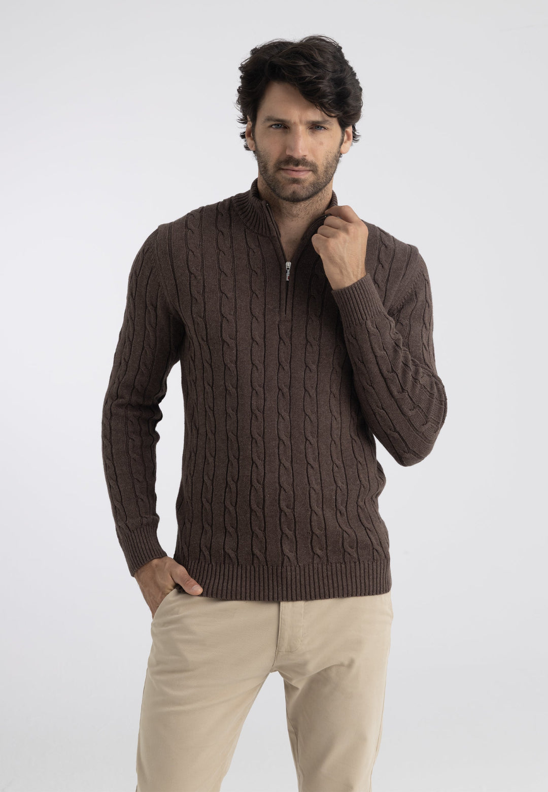 Felix Hardy Pull en tricot à demi-zip avec tresses pour homme - Marron