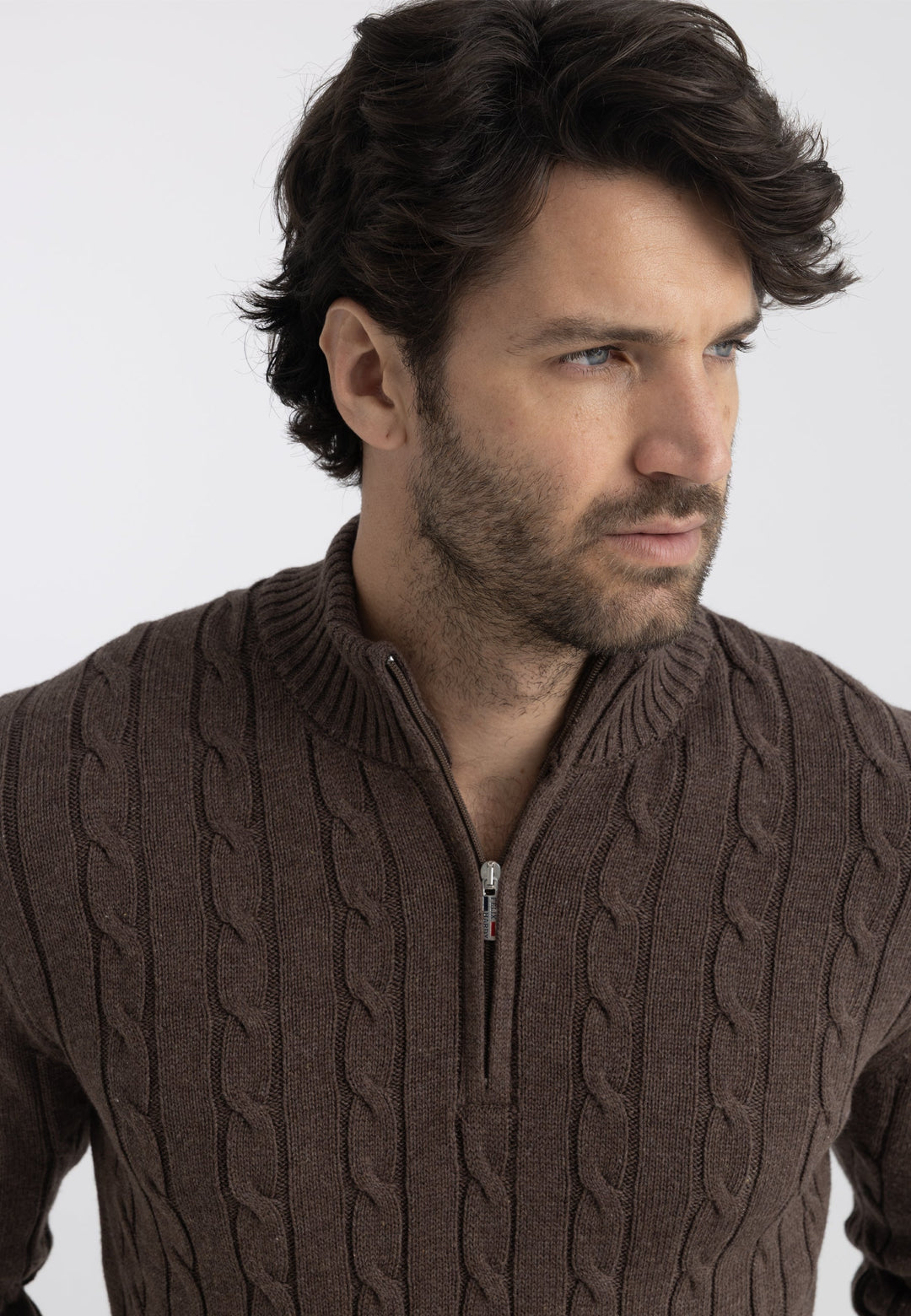 Felix Hardy Pull en tricot à demi-zip avec tresses pour homme - Marron