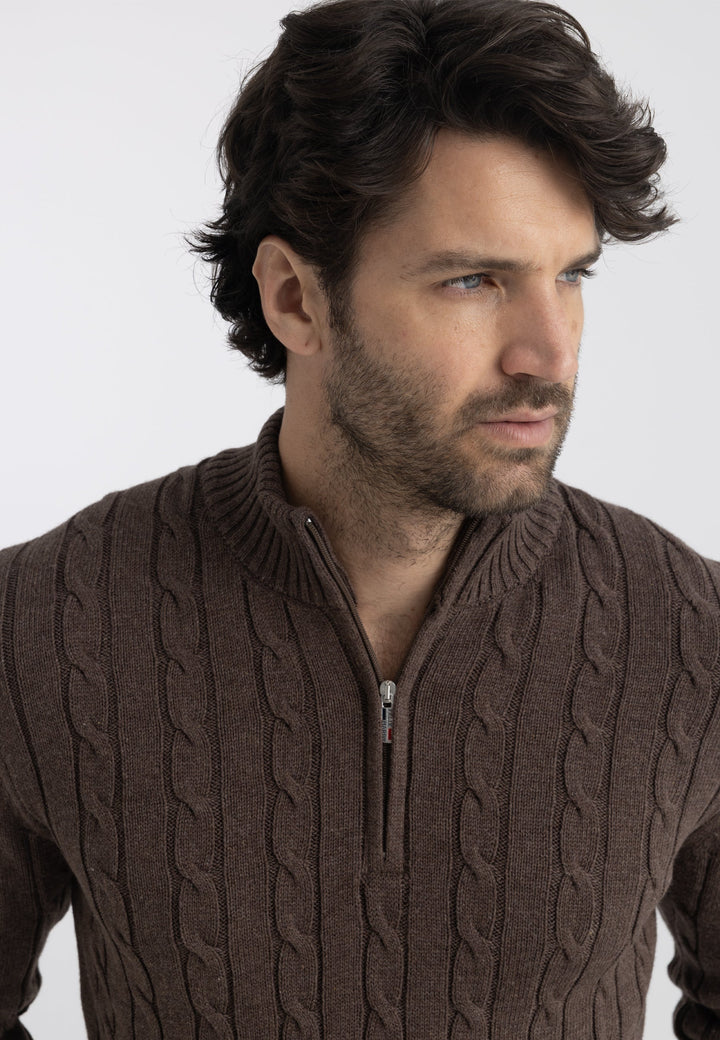 Felix Hardy Pull en tricot à demi-zip avec tresses pour homme - Marron