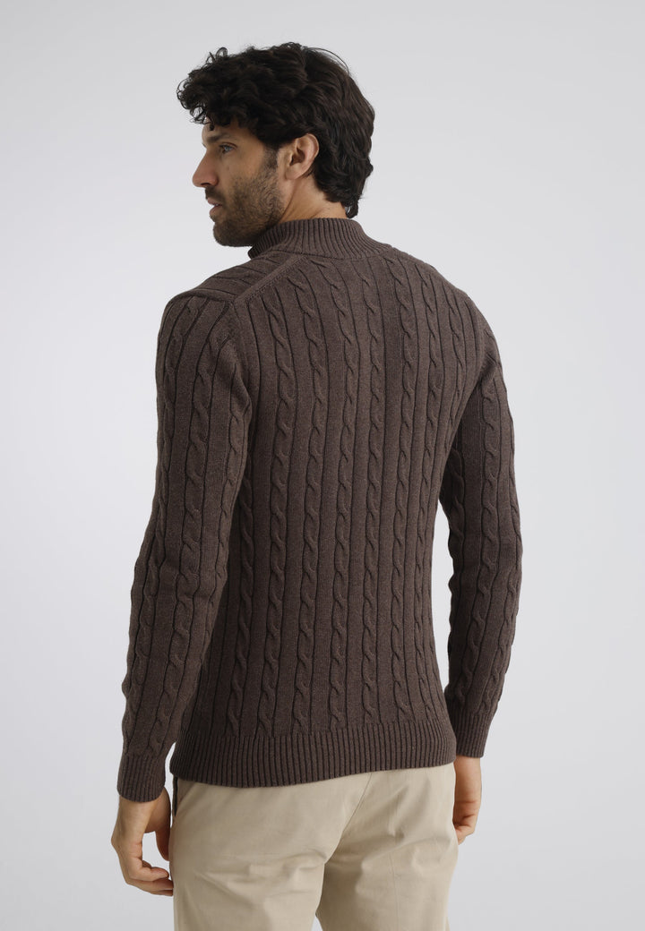 Felix Hardy Pull en tricot à demi-zip avec tresses pour homme - Marron