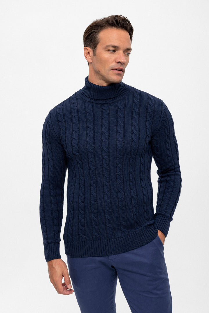 Felix Hardy Pull en tricot à col montant pour homme - Bleu marine
