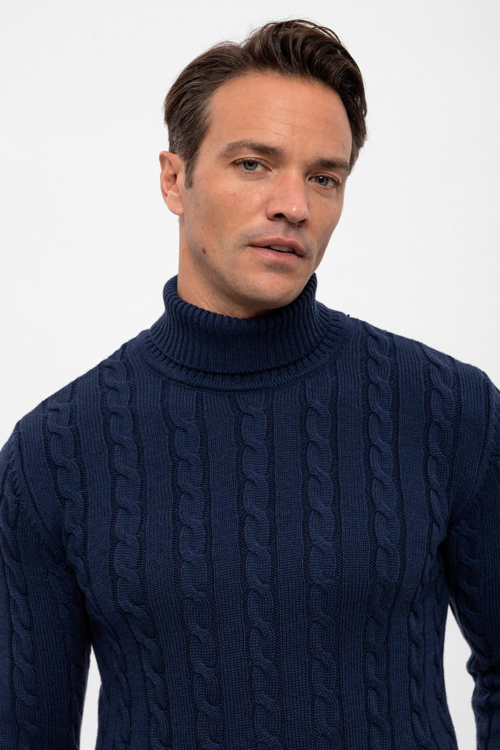 Felix Hardy Pull en tricot à col montant pour homme - Bleu marine
