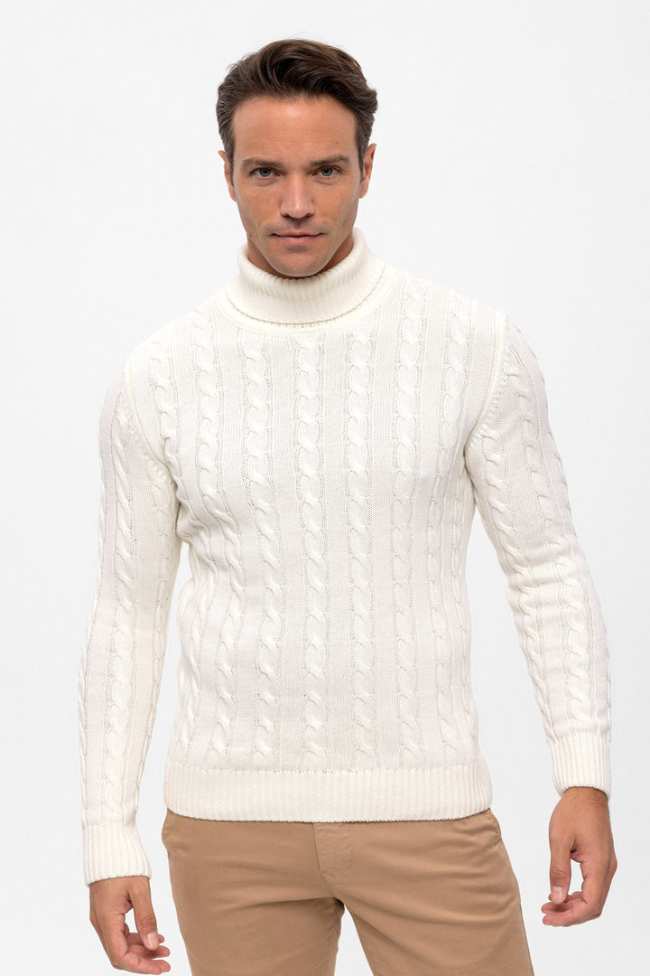 Felix Hardy Pull en tricot à col montant pour homme - Écru