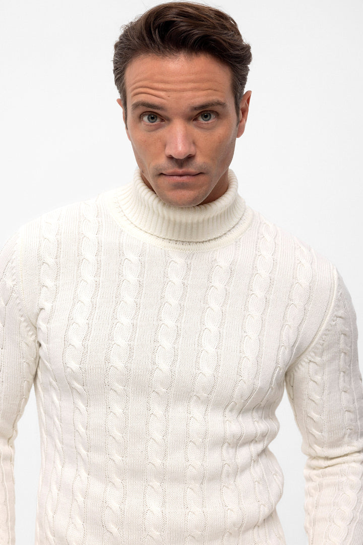 Felix Hardy Pull en tricot à col montant pour homme - Écru