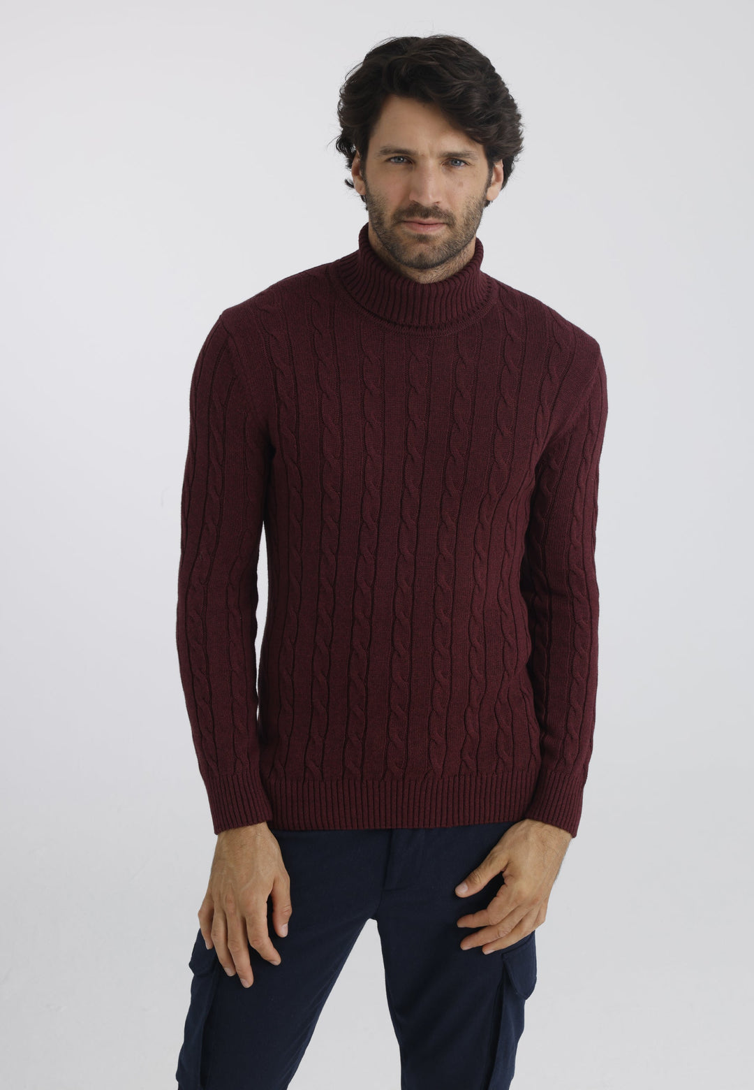 Felix Hardy Pull en tricot à col montant pour homme - Bordeaux