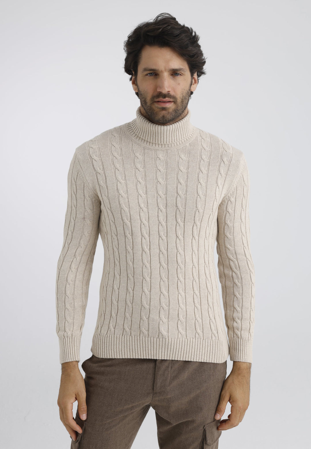 Felix Hardy Pull en tricot à col montant pour homme - Beige