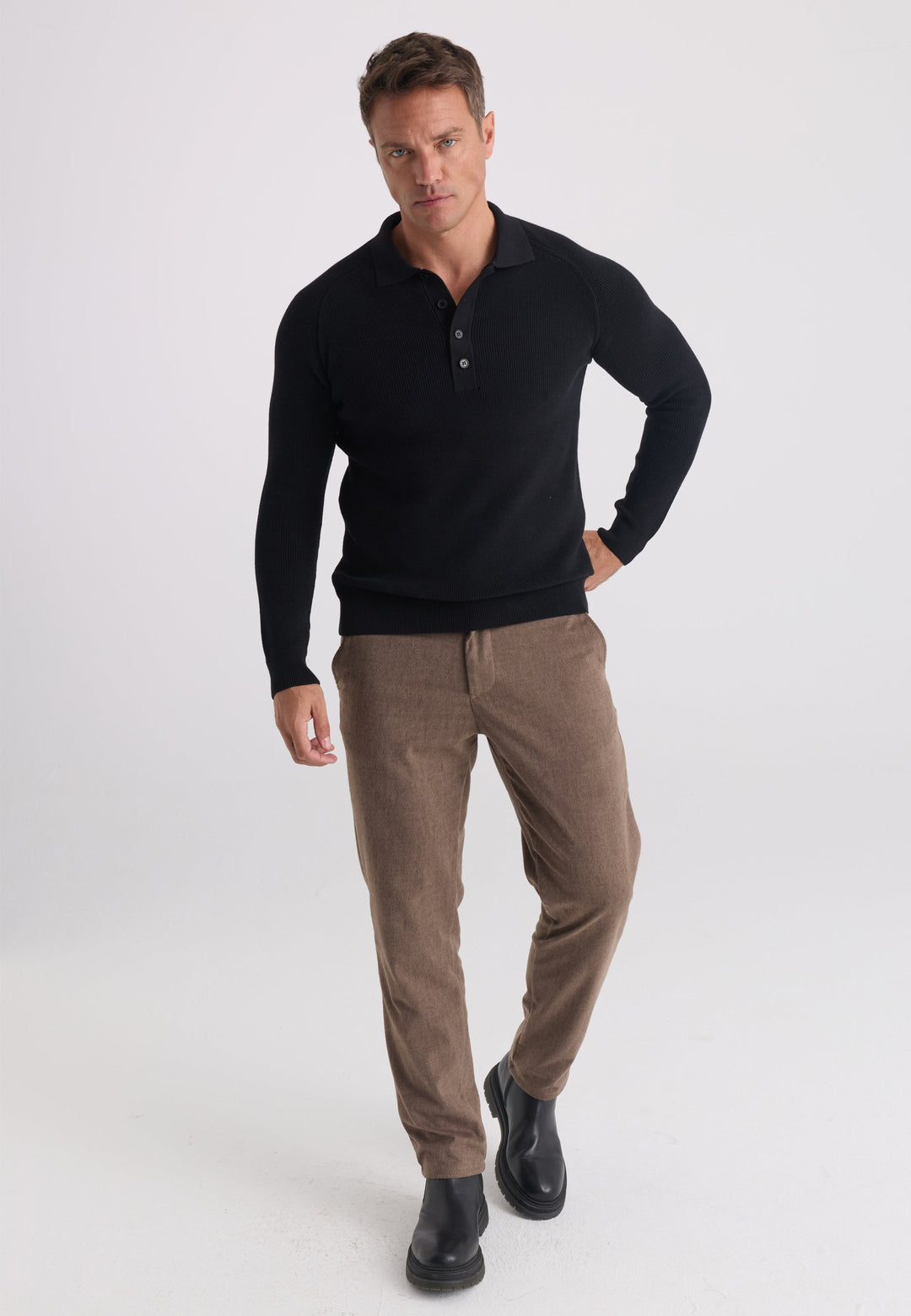 Felix Hardy Homme Pull Col Polo Manches Longues - Noir