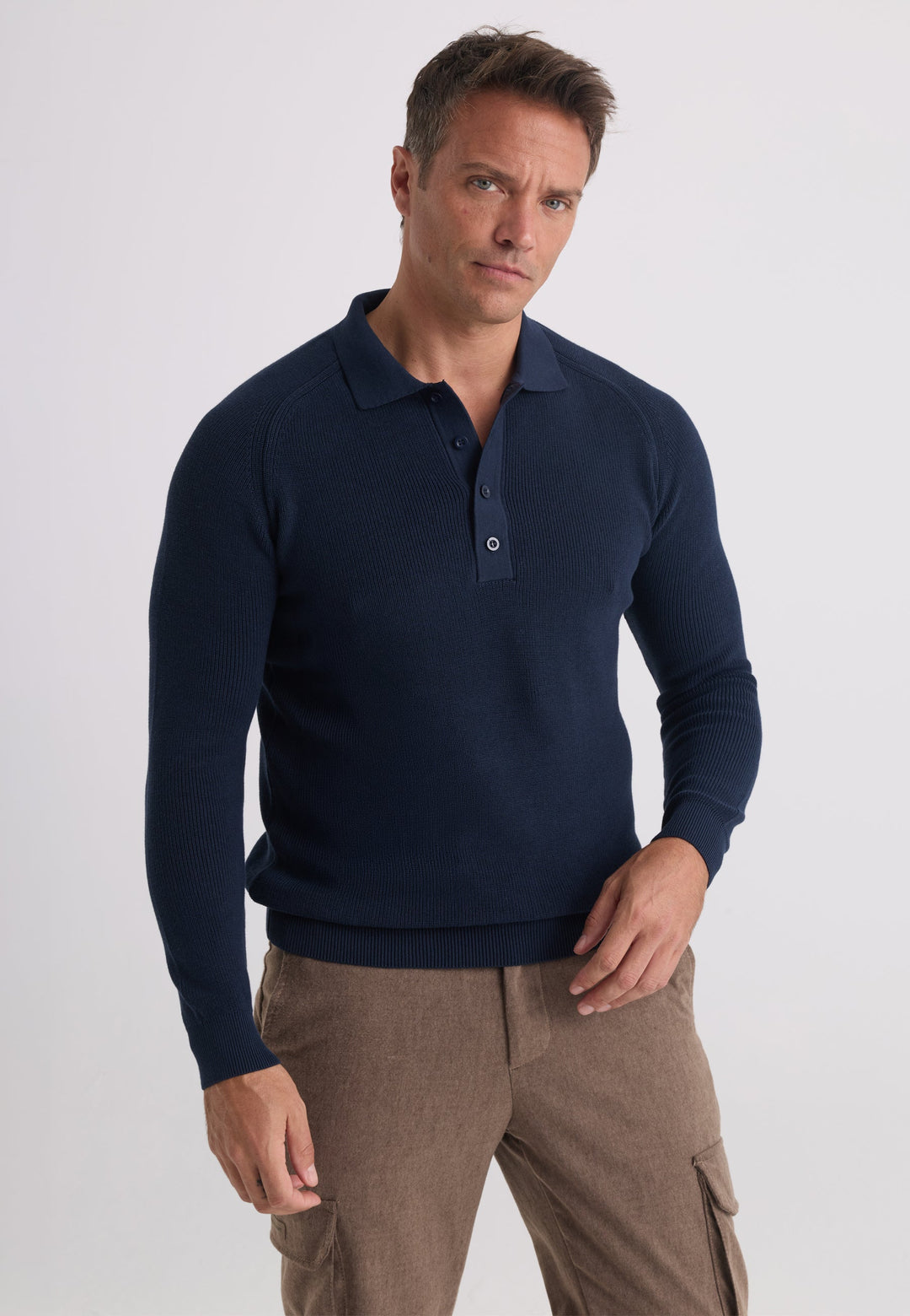 Felix Hardy Pull tricot à col polo à manches longues pour homme - Bleu marine