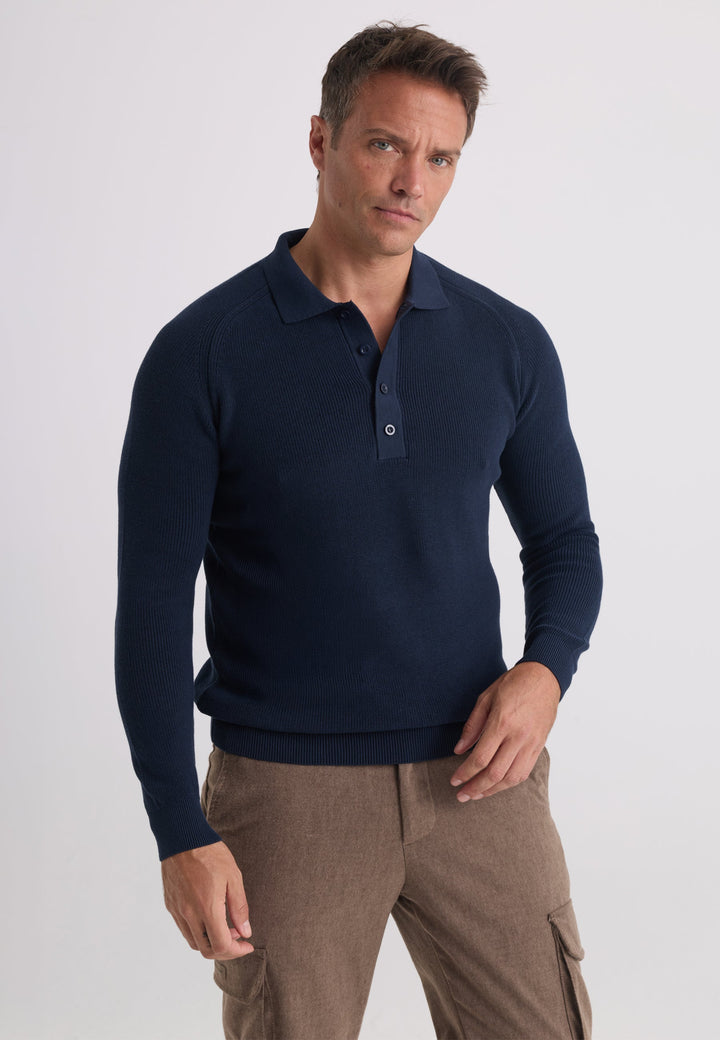 Felix Hardy Pull tricot à col polo à manches longues pour homme - Bleu marine