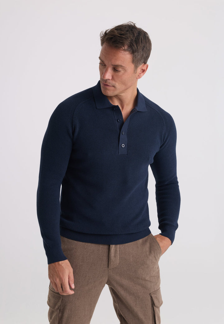 Felix Hardy Pull tricot à col polo à manches longues pour homme - Bleu marine