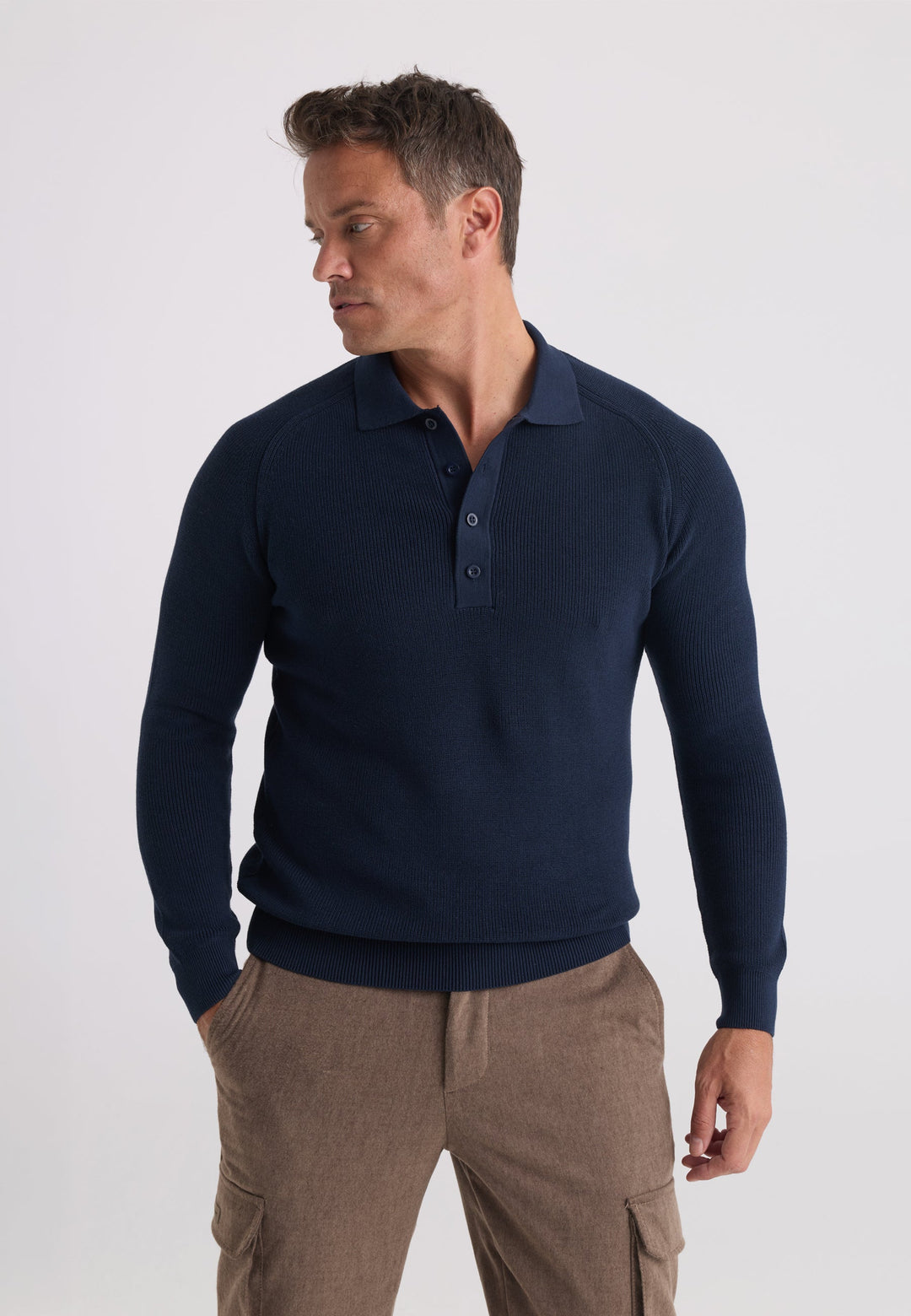Felix Hardy Pull tricot à col polo à manches longues pour homme - Bleu marine