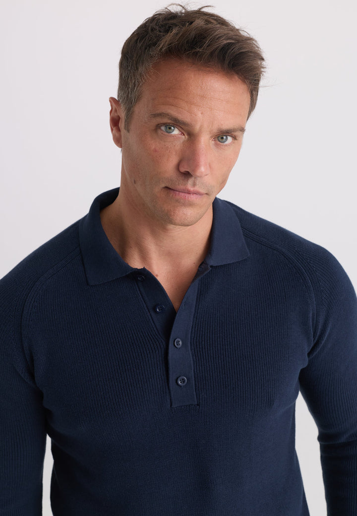 Felix Hardy Pull tricot à col polo à manches longues pour homme - Bleu marine