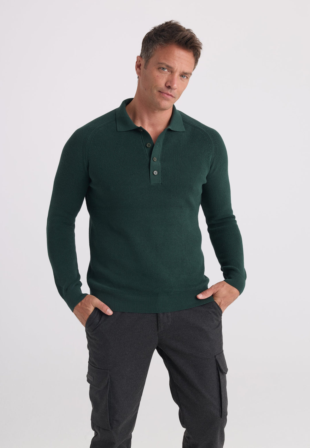 Felix Hardy Pull tricot à col polo à manches longues pour homme - Vert foncé
