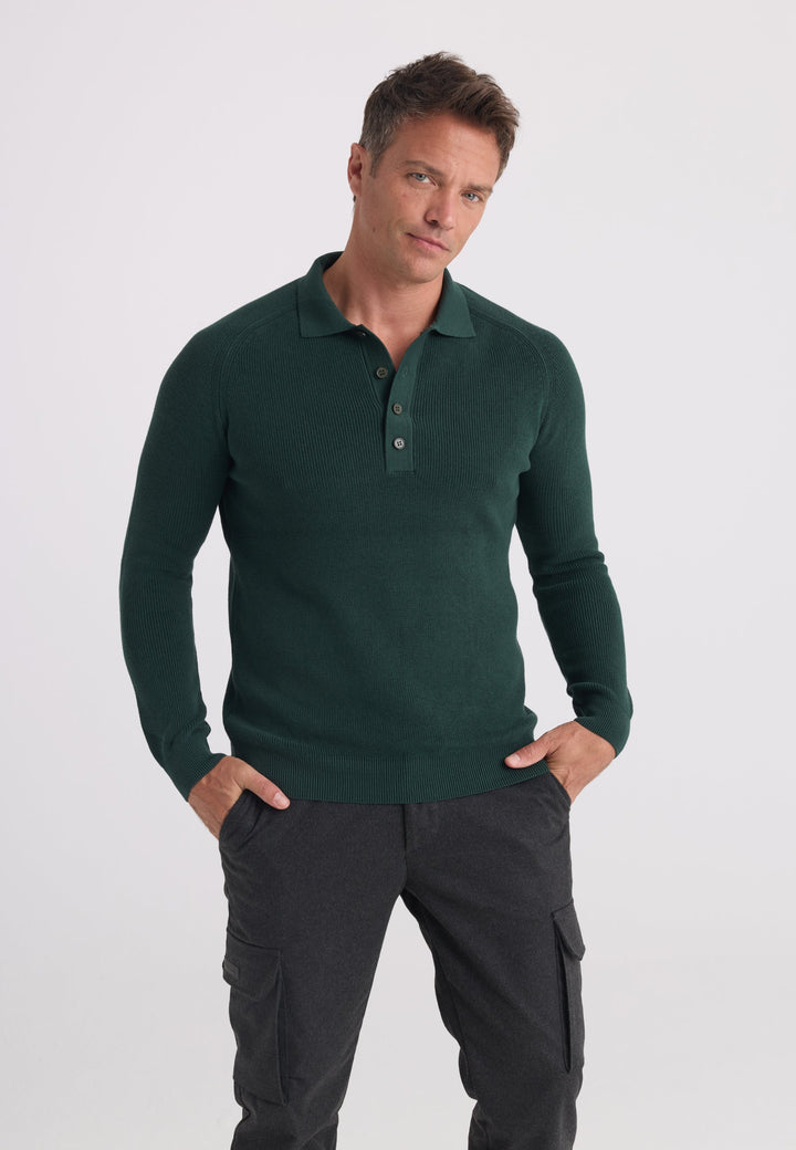 Felix Hardy Pull tricot à col polo à manches longues pour homme - Vert foncé