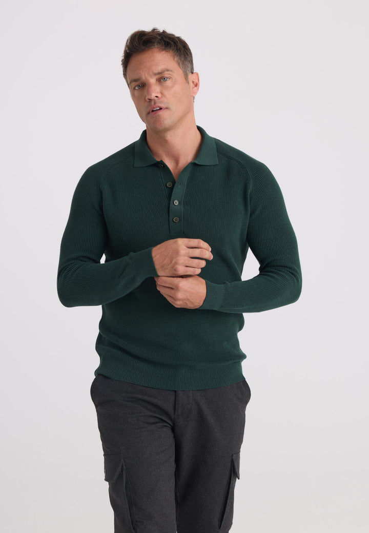 Felix Hardy Pull tricot à col polo à manches longues pour homme - Vert foncé