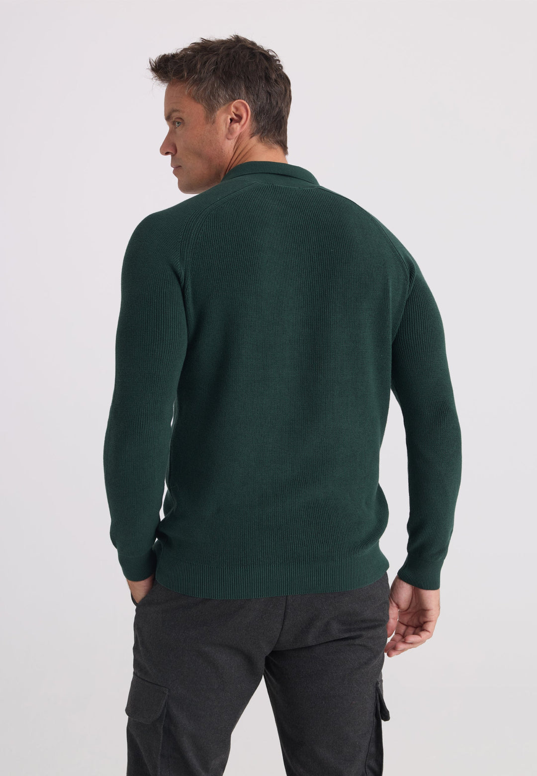 Felix Hardy Pull tricot à col polo à manches longues pour homme - Vert foncé