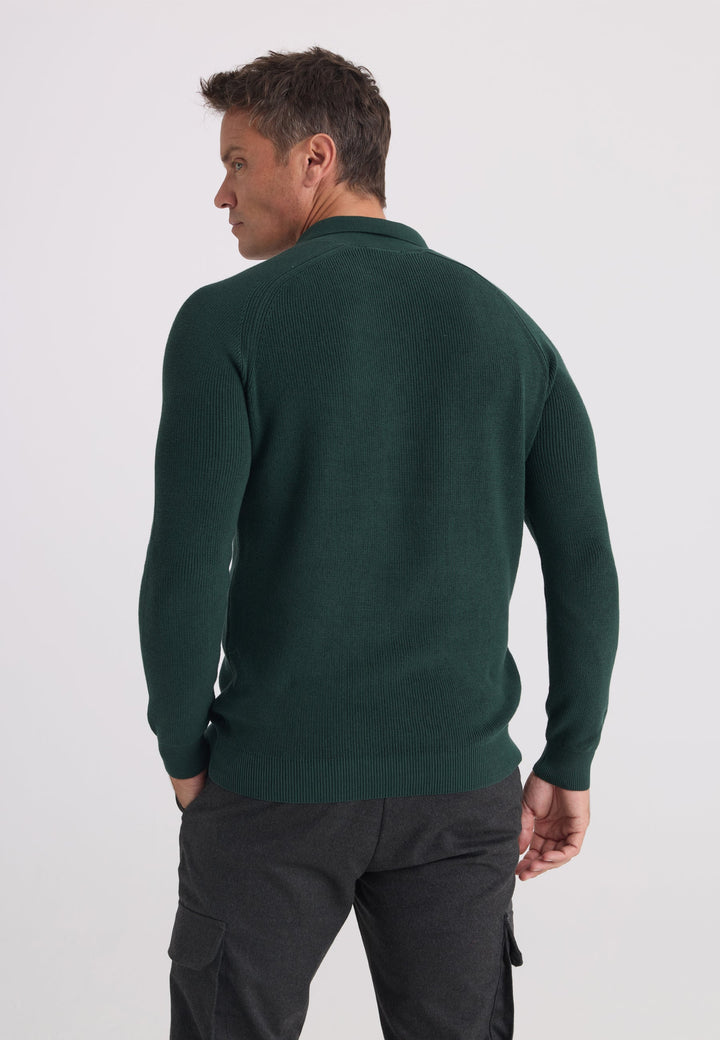 Felix Hardy Pull tricot à col polo à manches longues pour homme - Vert foncé