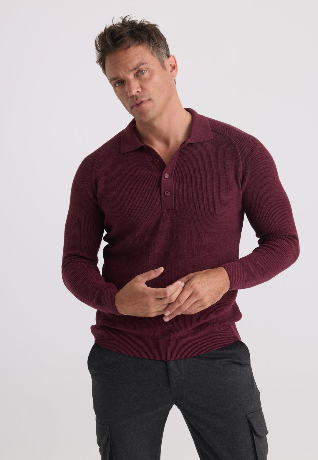 Felix Hardy Pull tricot à col polo à manches longues pour homme - Bordeaux