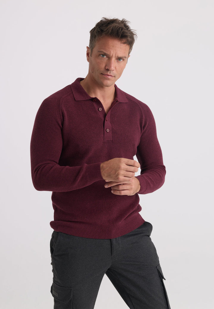 Felix Hardy Pull tricot à col polo à manches longues pour homme - Bordeaux