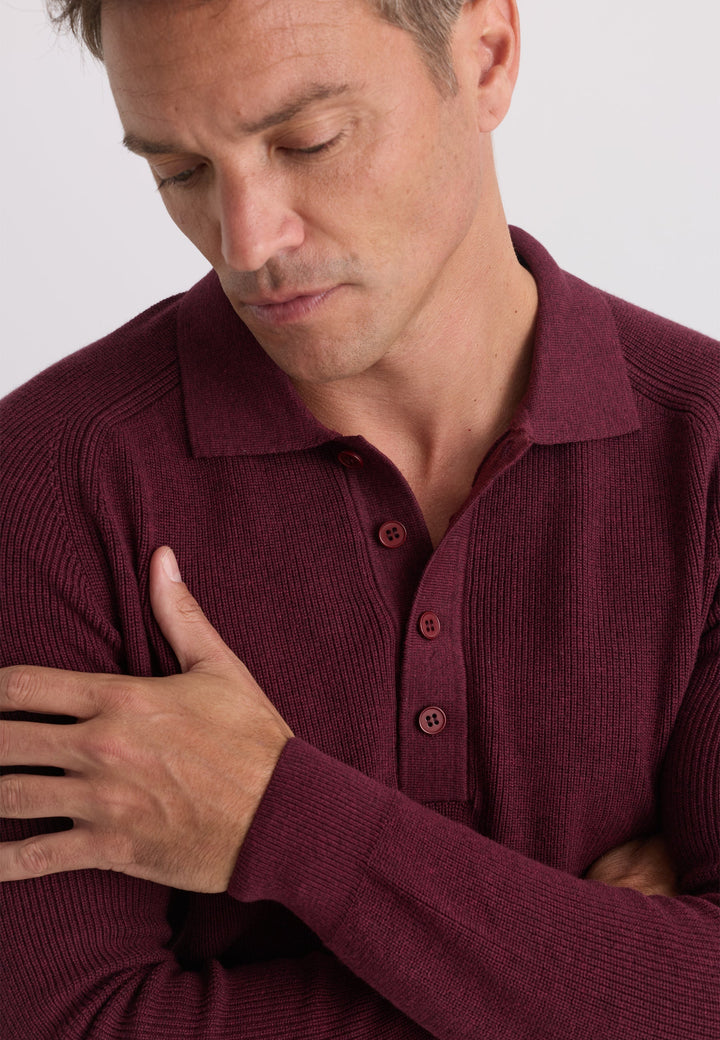 Felix Hardy Pull tricot à col polo à manches longues pour homme - Bordeaux