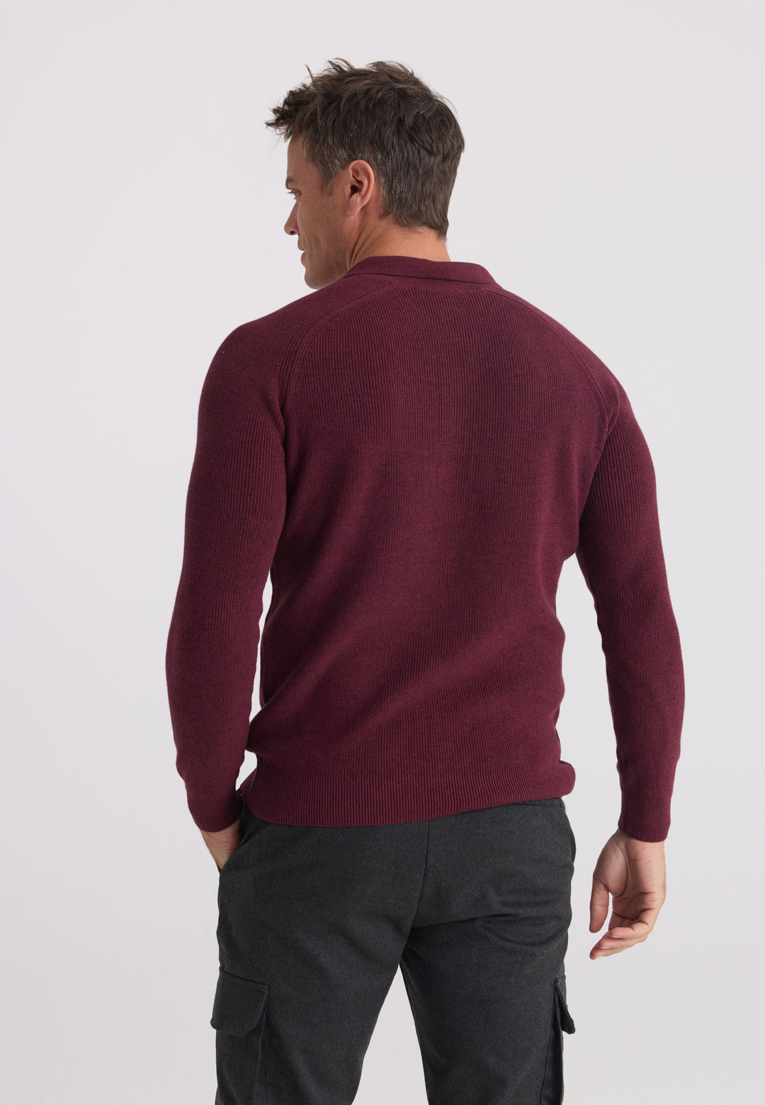 Felix Hardy Pull tricot à col polo à manches longues pour homme - Bordeaux