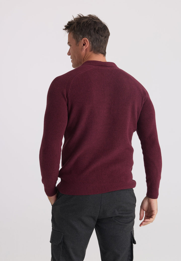 Felix Hardy Pull tricot à col polo à manches longues pour homme - Bordeaux