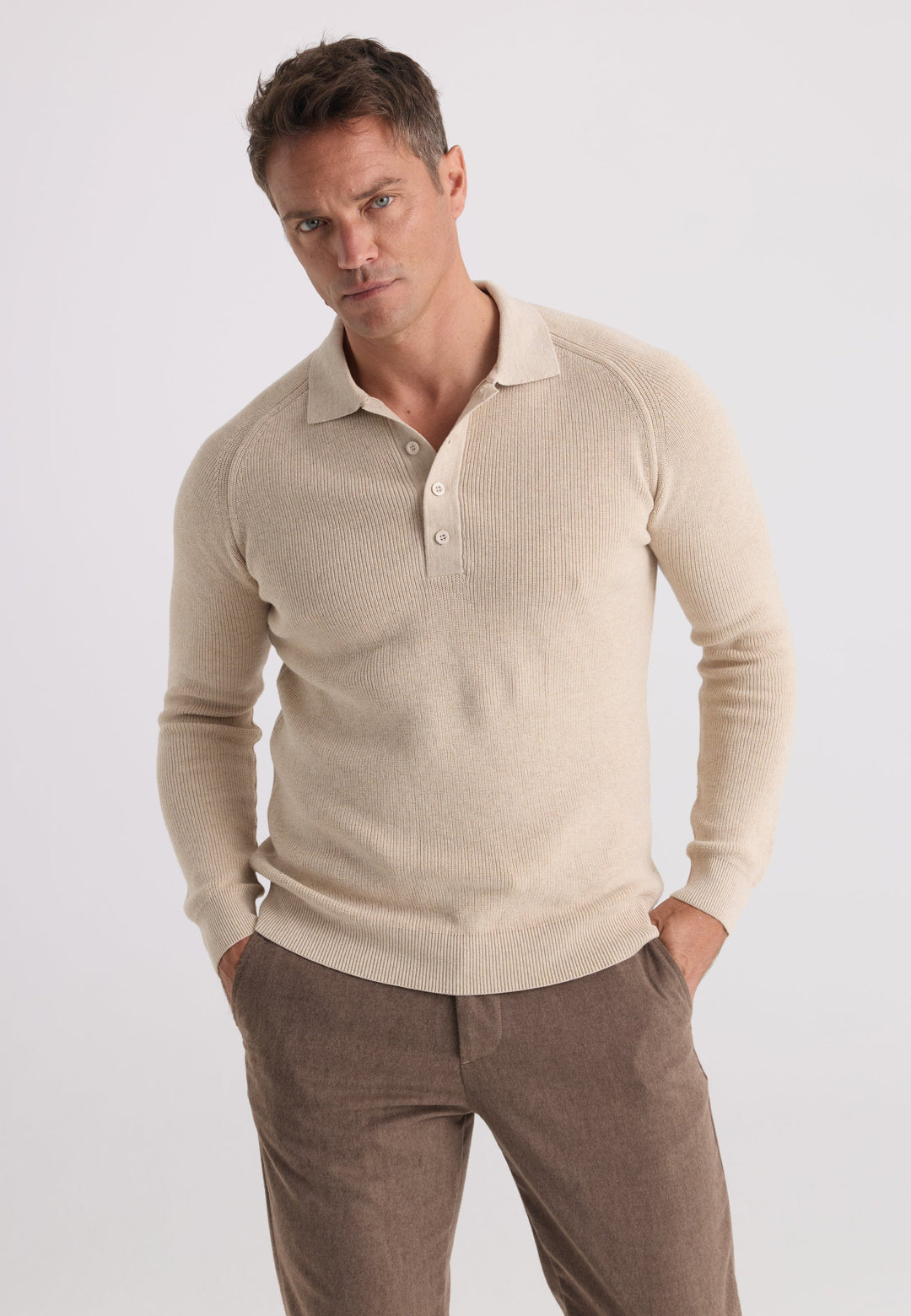 Felix Hardy Pull tricot à col polo à manches longues pour homme - Beige