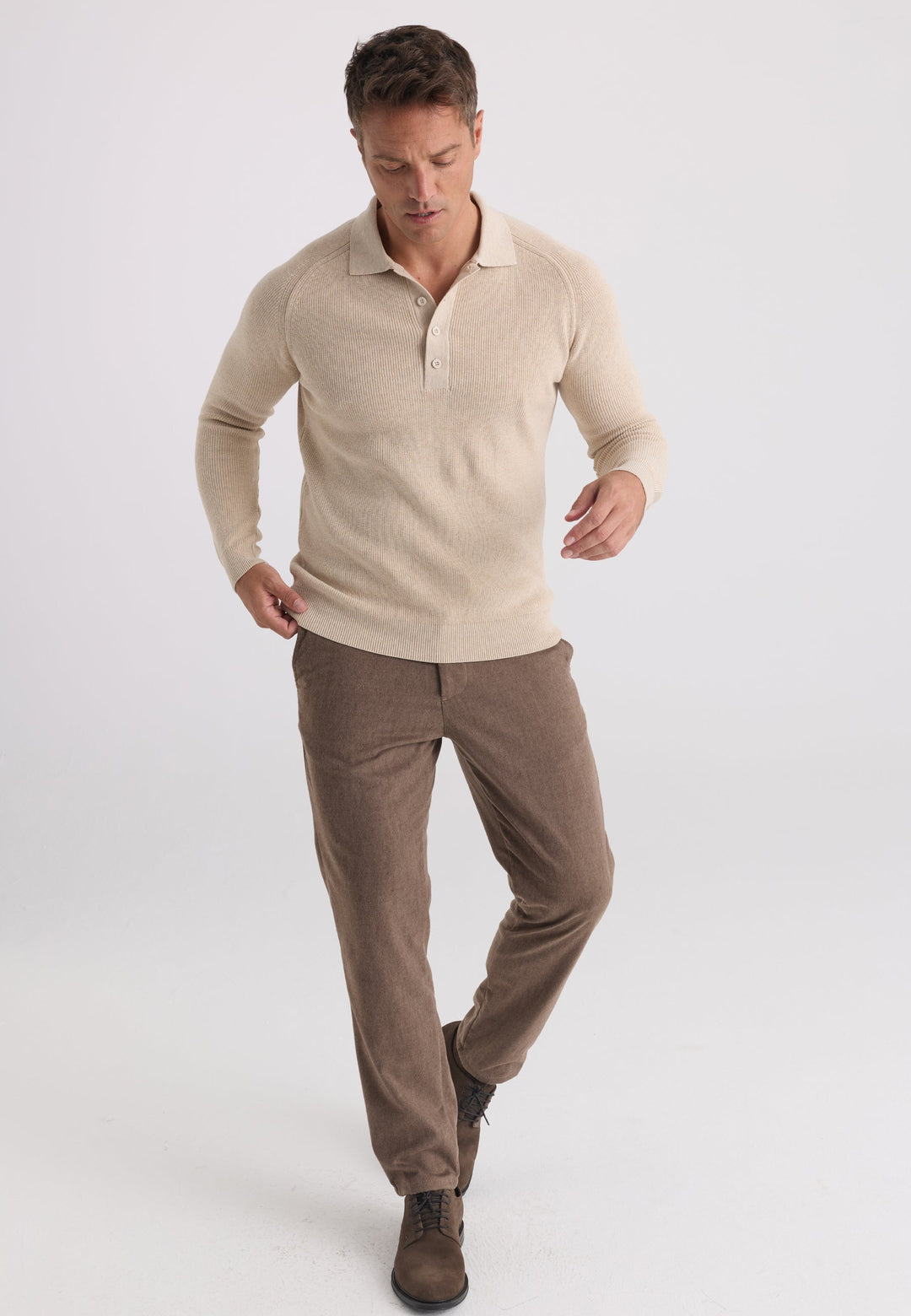 Felix Hardy Pull tricot à col polo à manches longues pour homme - Beige