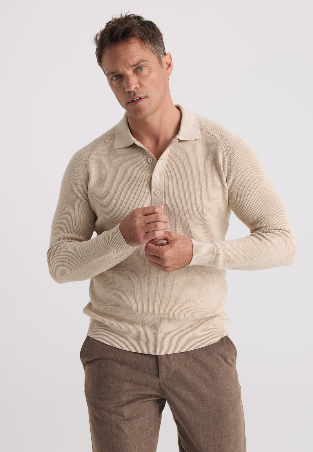 Felix Hardy Pull tricot à col polo à manches longues pour homme - Beige