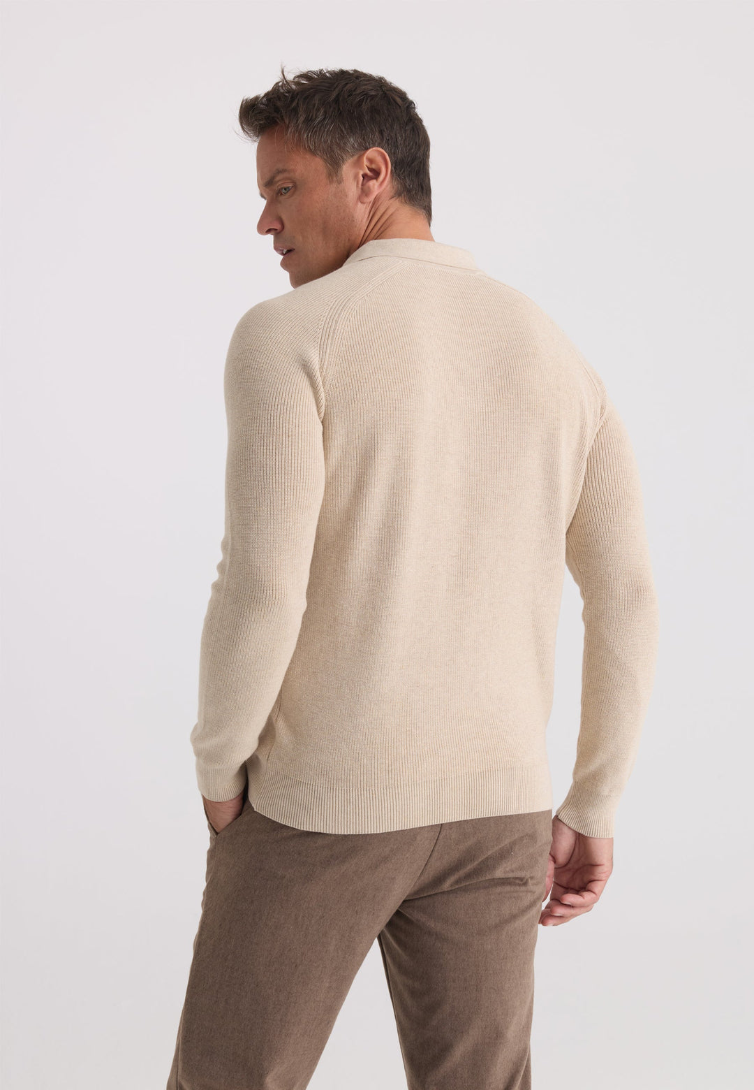 Felix Hardy Pull tricot à col polo à manches longues pour homme - Beige