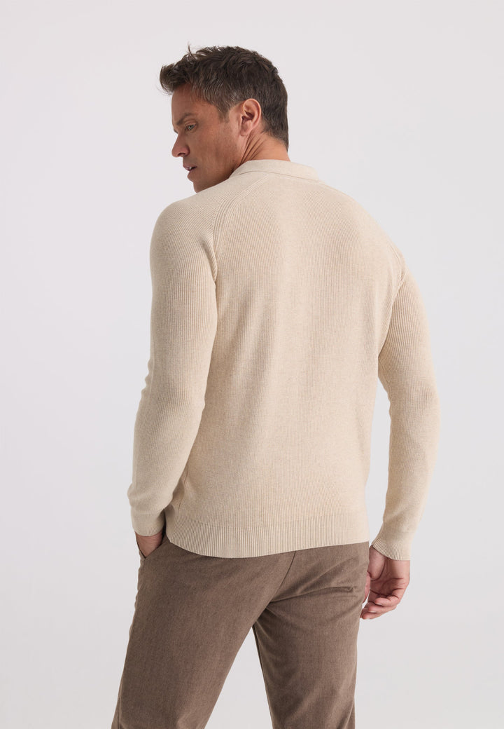 Felix Hardy Pull tricot à col polo à manches longues pour homme - Beige