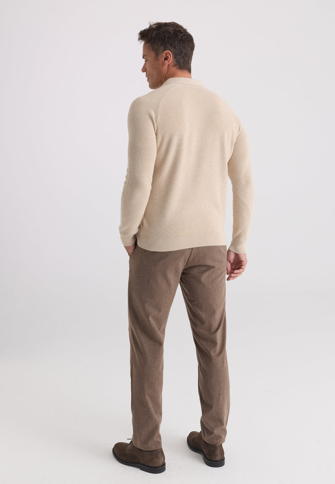 Felix Hardy Pull tricot à col polo à manches longues pour homme - Beige