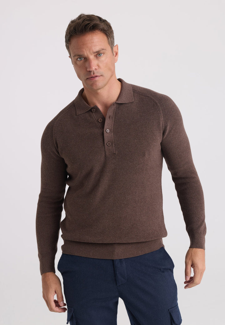 Felix Hardy Pull tricot à col polo à manches longues pour homme - Marron